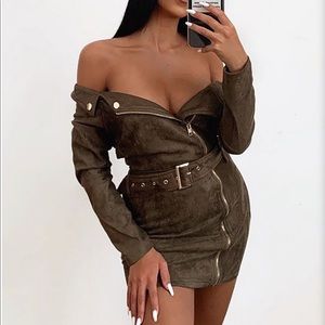 Faux Suede off shoulder dress with belt 1X